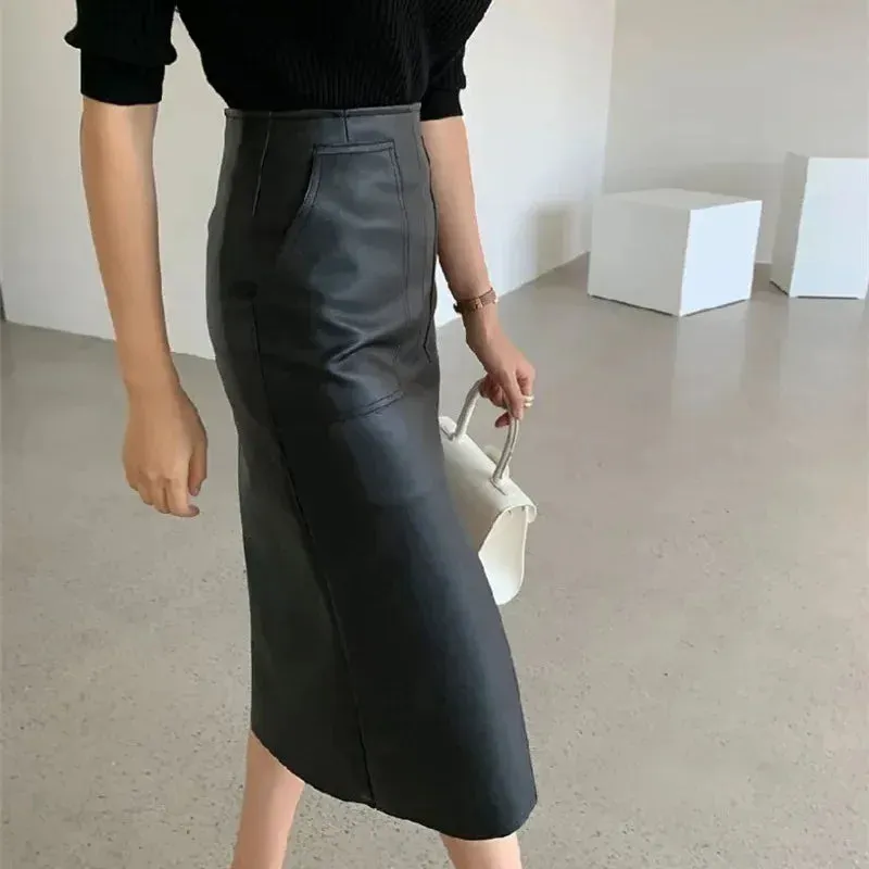 Fall Winter Chic Split Design Slim Straight Faux Leather Skirt