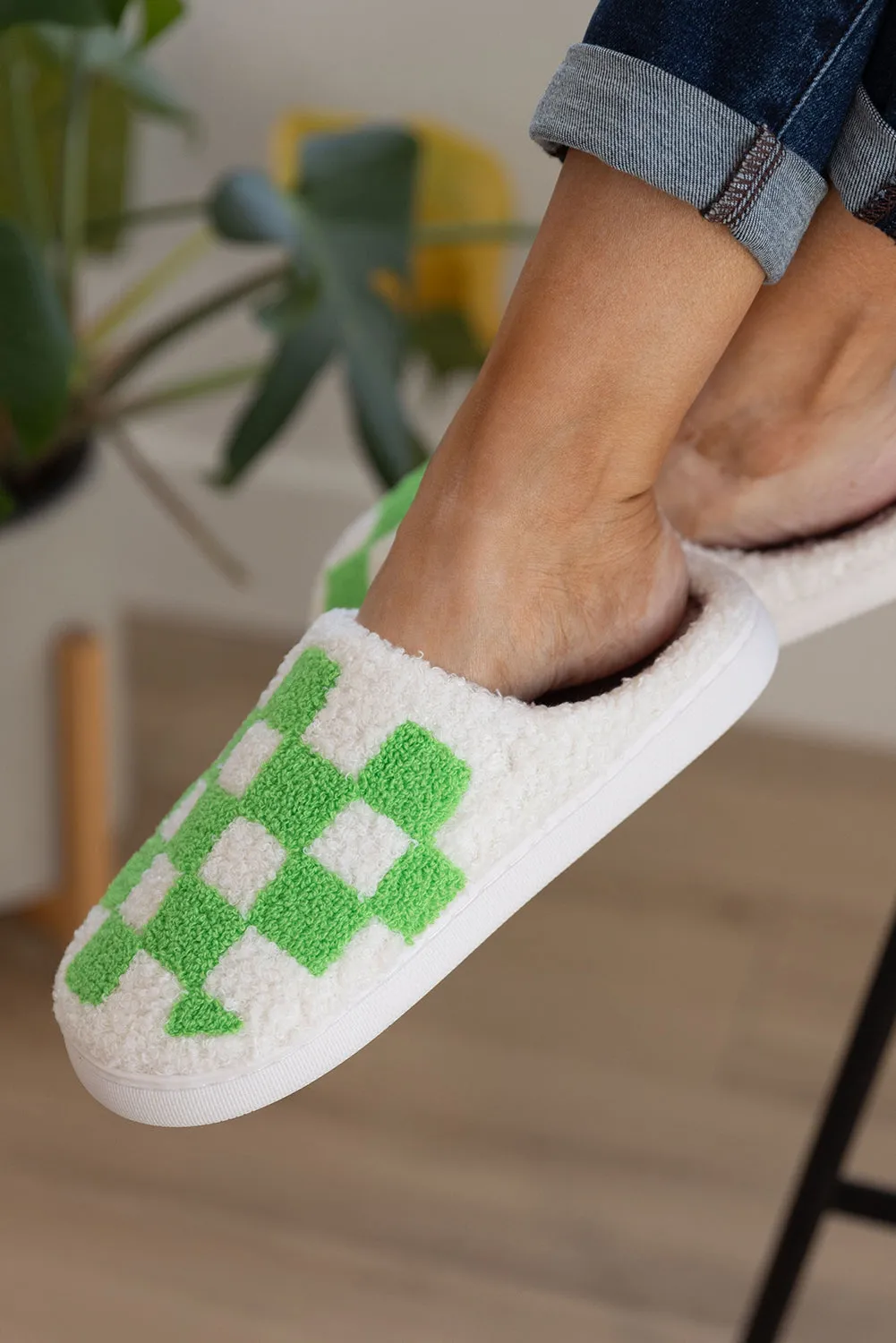 Fiery Red Checkered Print Fuzzy Slip On Winter Slippers