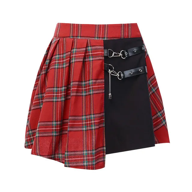 'Fire Within' Red & Black Plaid Cut Out Safety Pin Punk Skirt