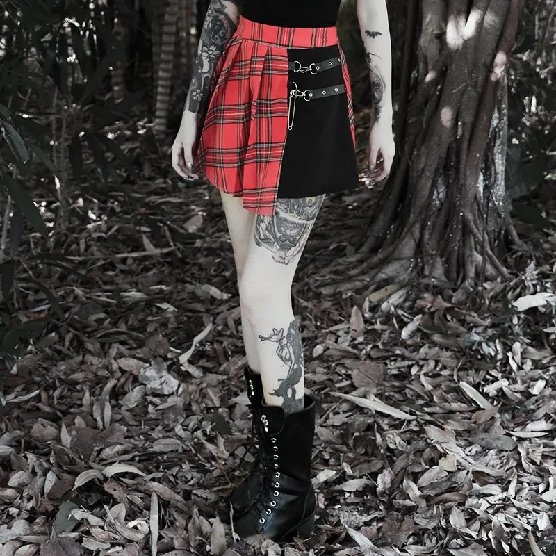 'Fire Within' Red & Black Plaid Cut Out Safety Pin Punk Skirt