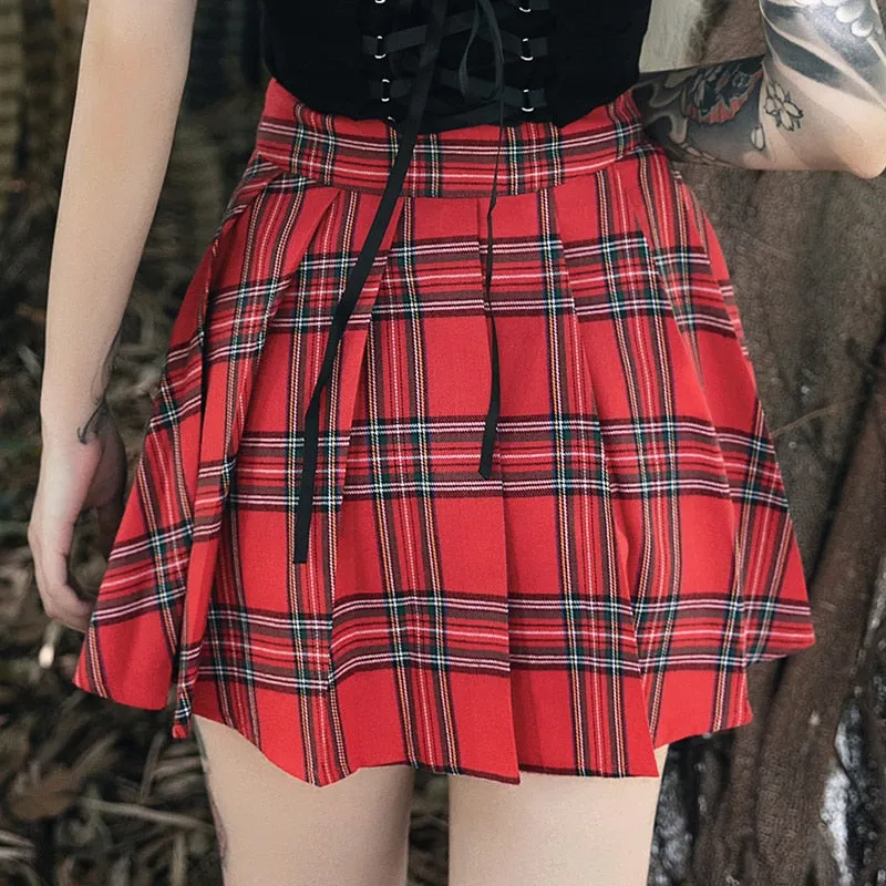 'Fire Within' Red & Black Plaid Cut Out Safety Pin Punk Skirt