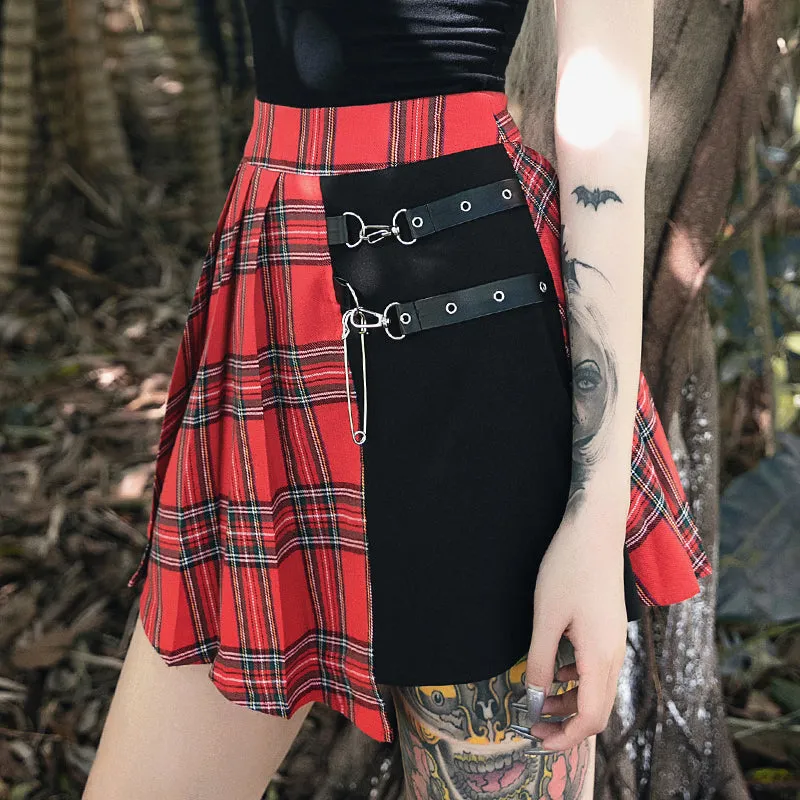 'Fire Within' Red & Black Plaid Cut Out Safety Pin Punk Skirt