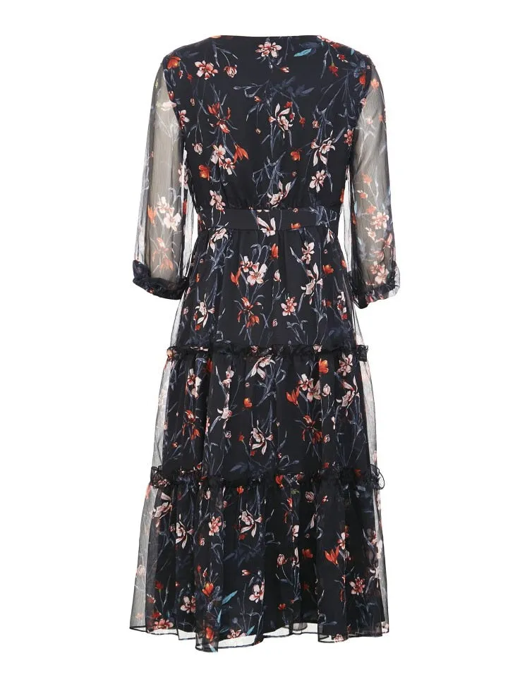 Floral Ruffled Cinched Waist Chiffon Dress