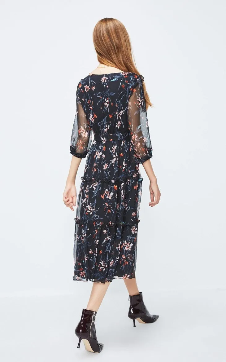 Floral Ruffled Cinched Waist Chiffon Dress