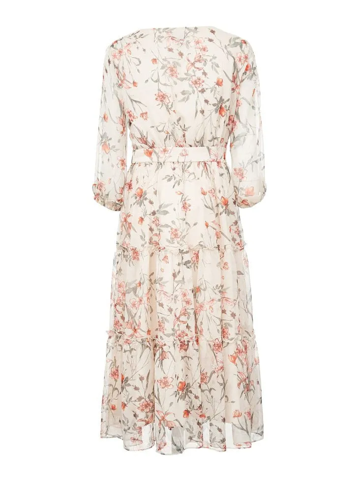 Floral Ruffled Cinched Waist Chiffon Dress