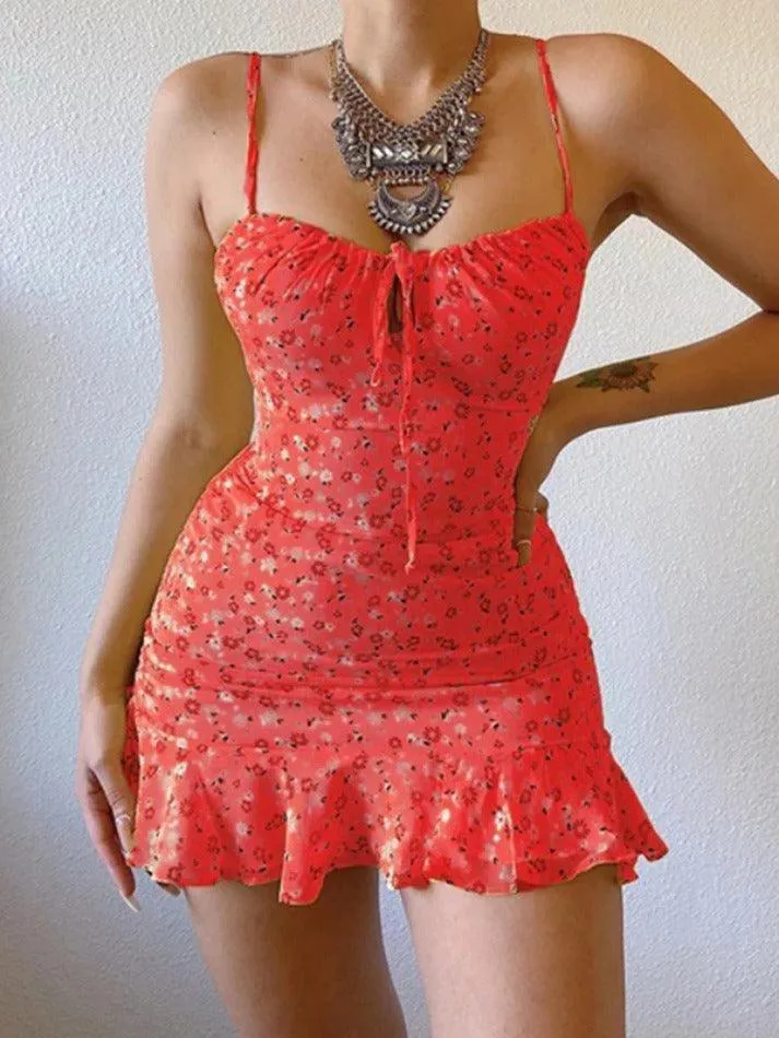 Floral Suspender Chest With Cutout Mini Dress