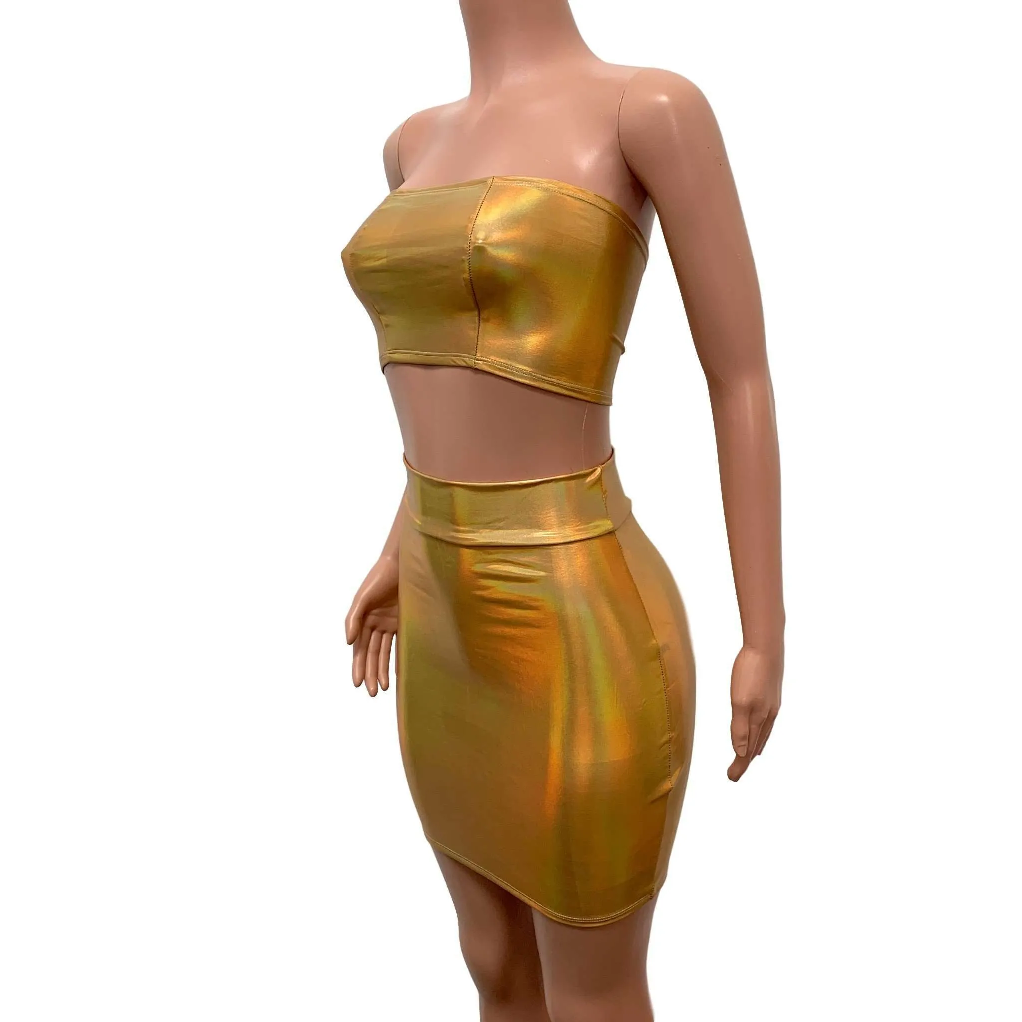 Gold Opal Iridescent Holographic Rave Outfit Skirt/Bandeau