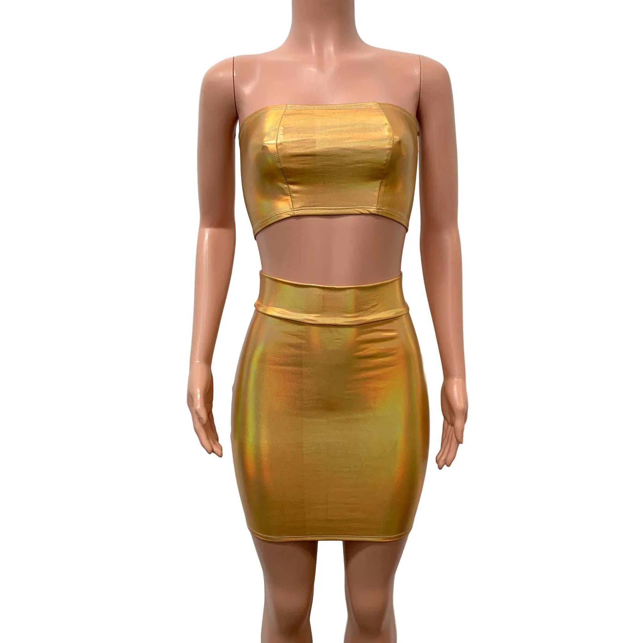 Gold Opal Iridescent Holographic Rave Outfit Skirt/Bandeau