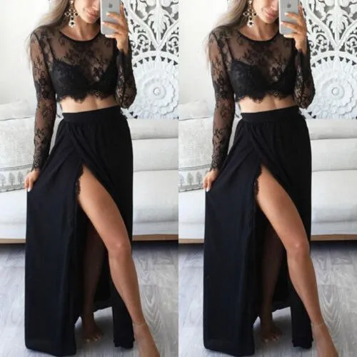 'Goth Mermaid' Black Two Piece Lace Top and Skirt Set