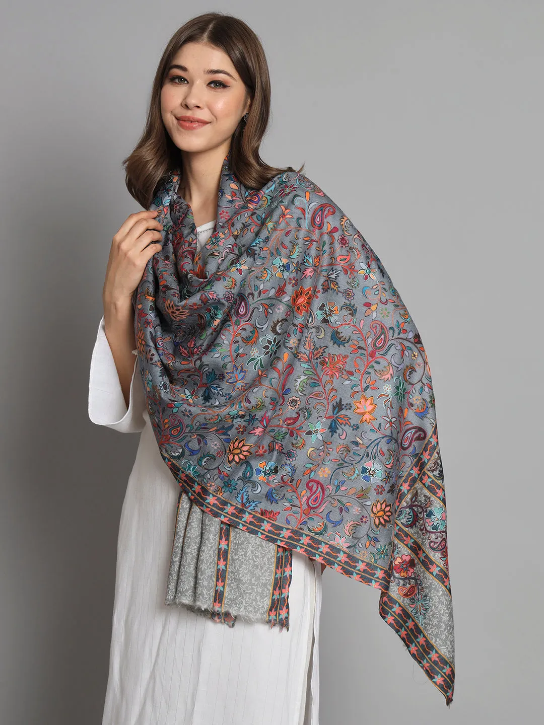 Grey kalamkari shawl with floral design an ideal bridal shawl