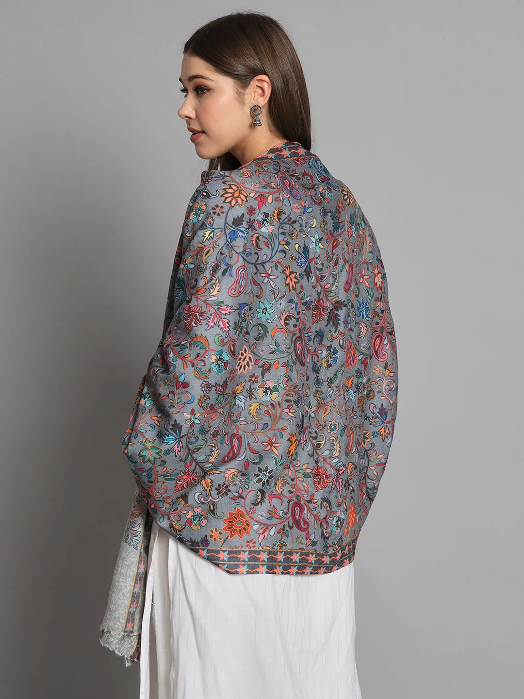 Grey kalamkari shawl with floral design an ideal bridal shawl