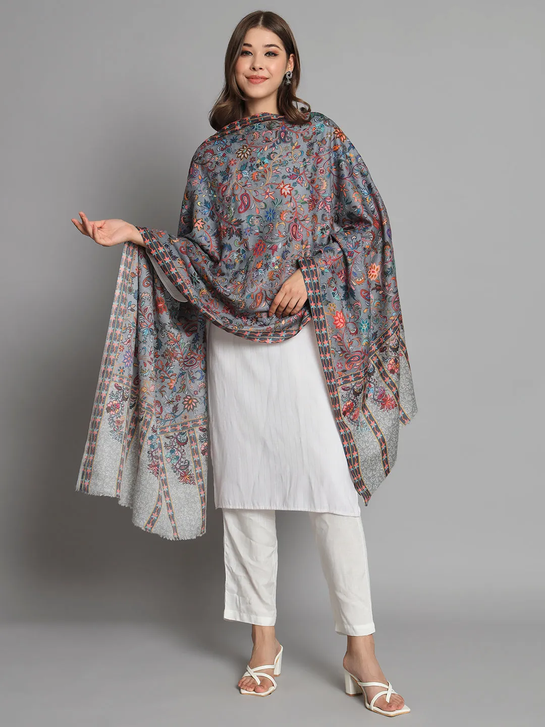 Grey kalamkari shawl with floral design an ideal bridal shawl