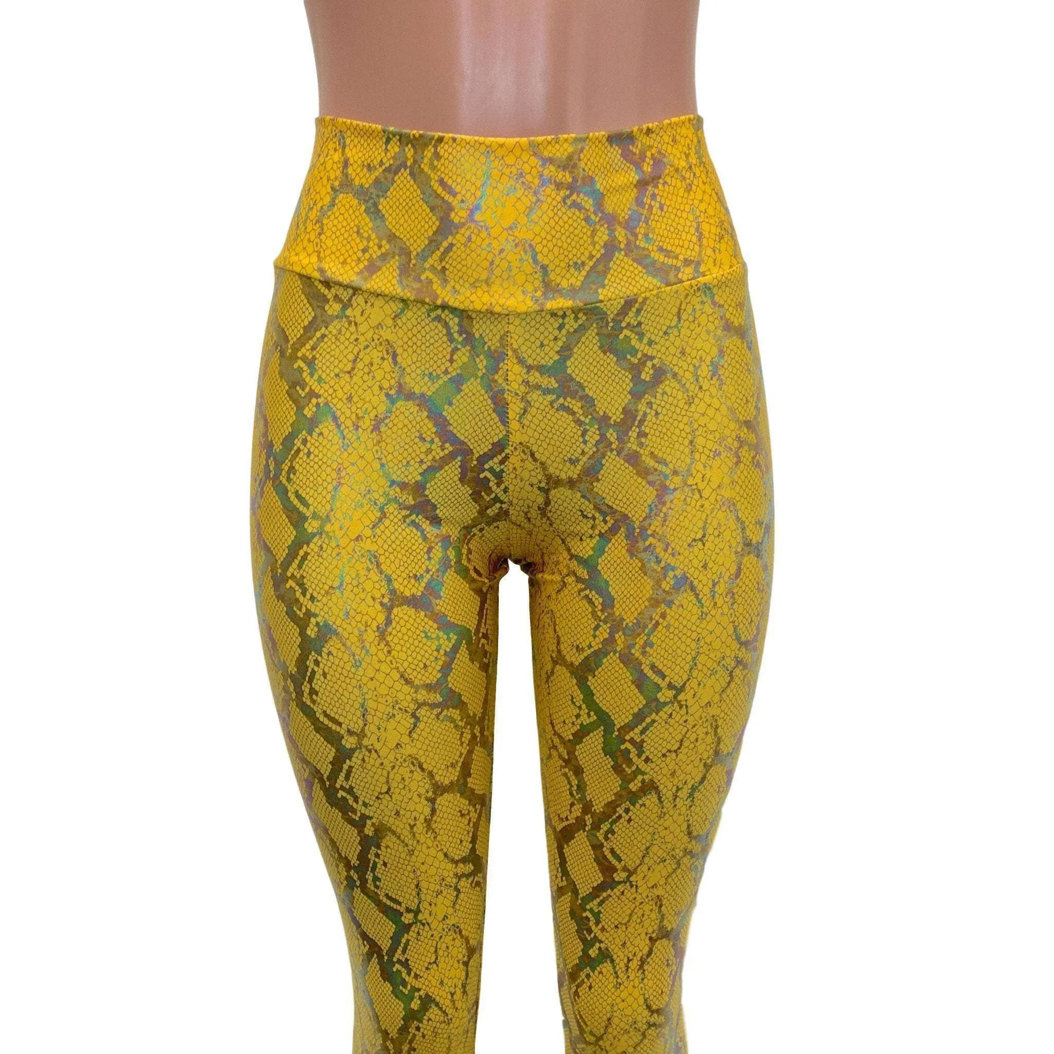 High Waist Leggings - Yellow Snakeskin Holographic