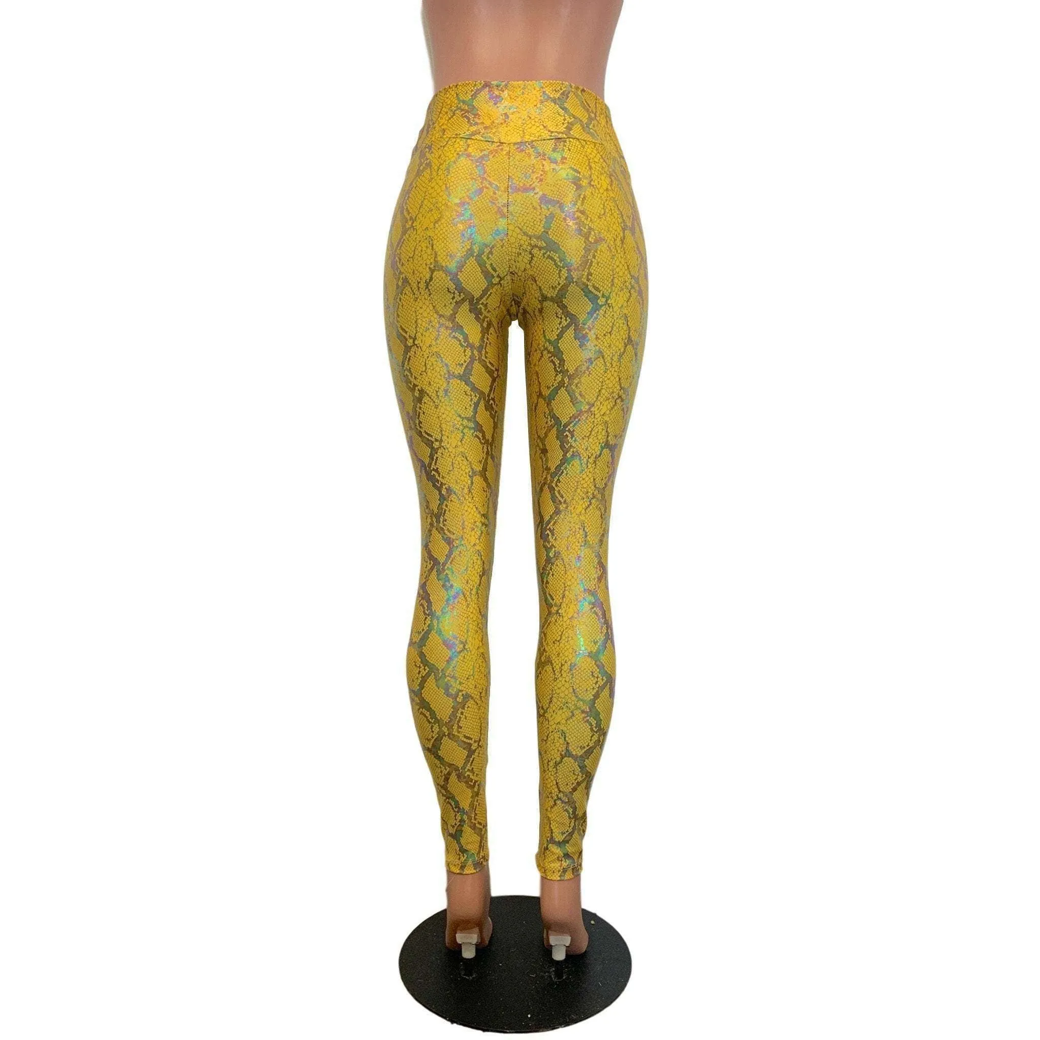 High Waist Leggings - Yellow Snakeskin Holographic