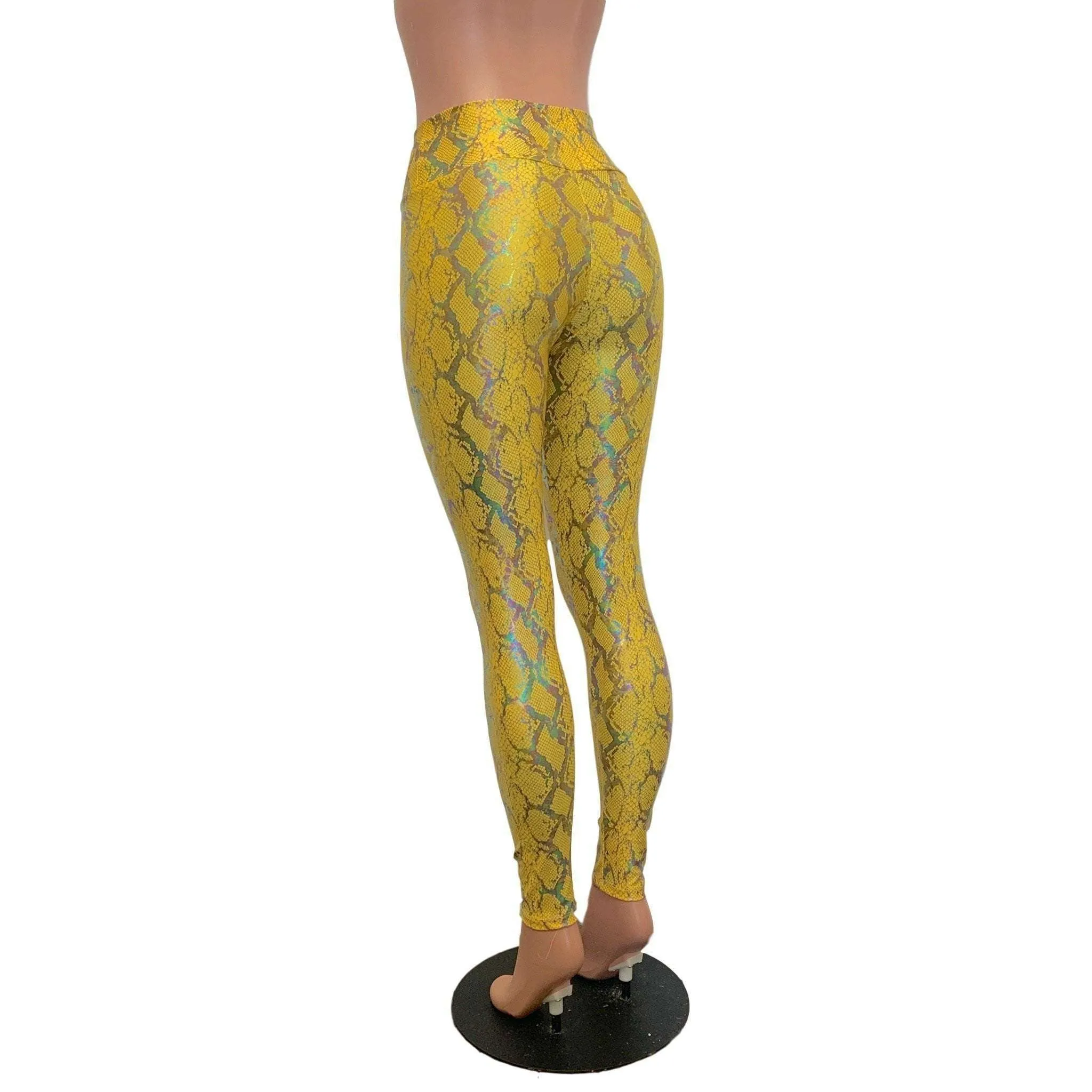 High Waist Leggings - Yellow Snakeskin Holographic