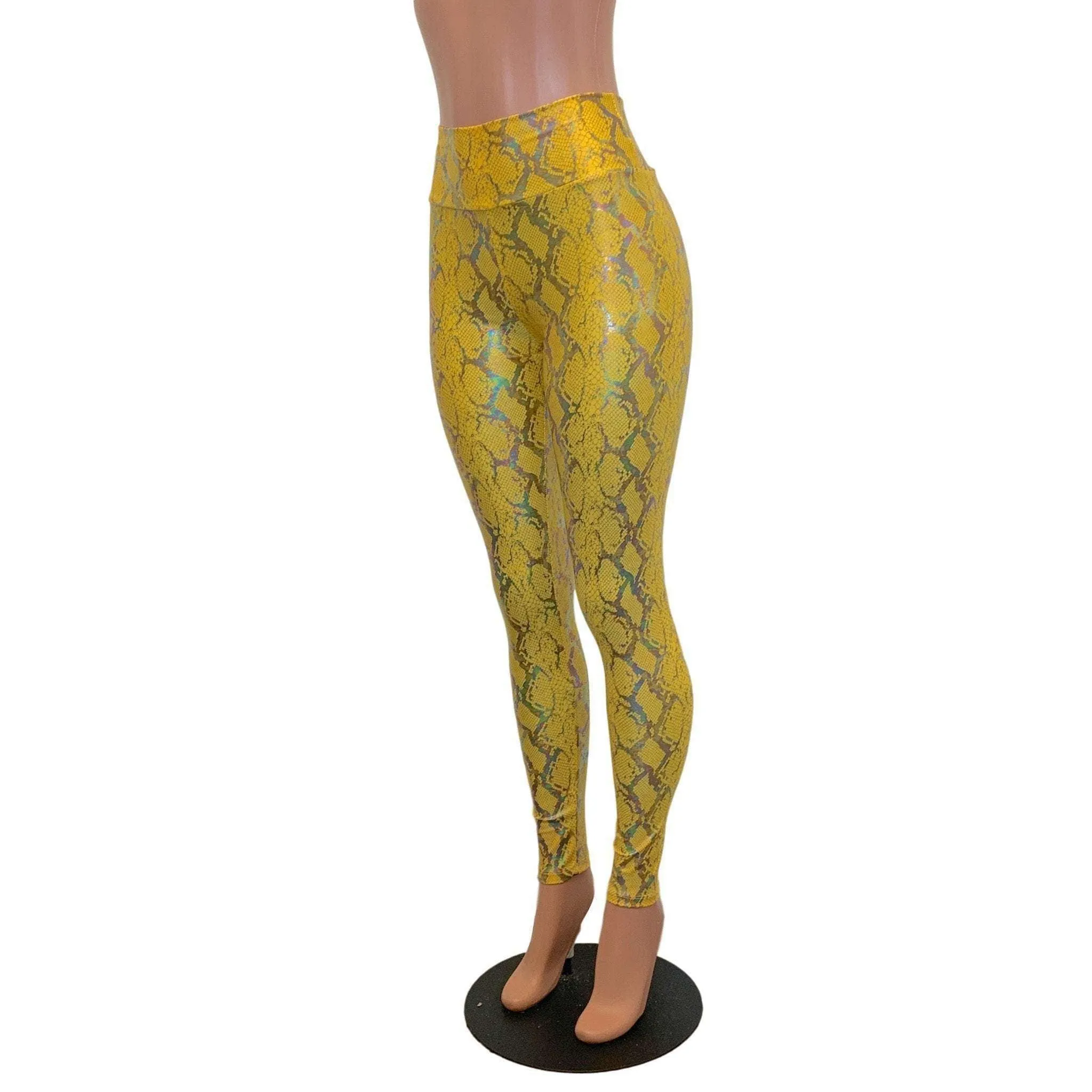 High Waist Leggings - Yellow Snakeskin Holographic