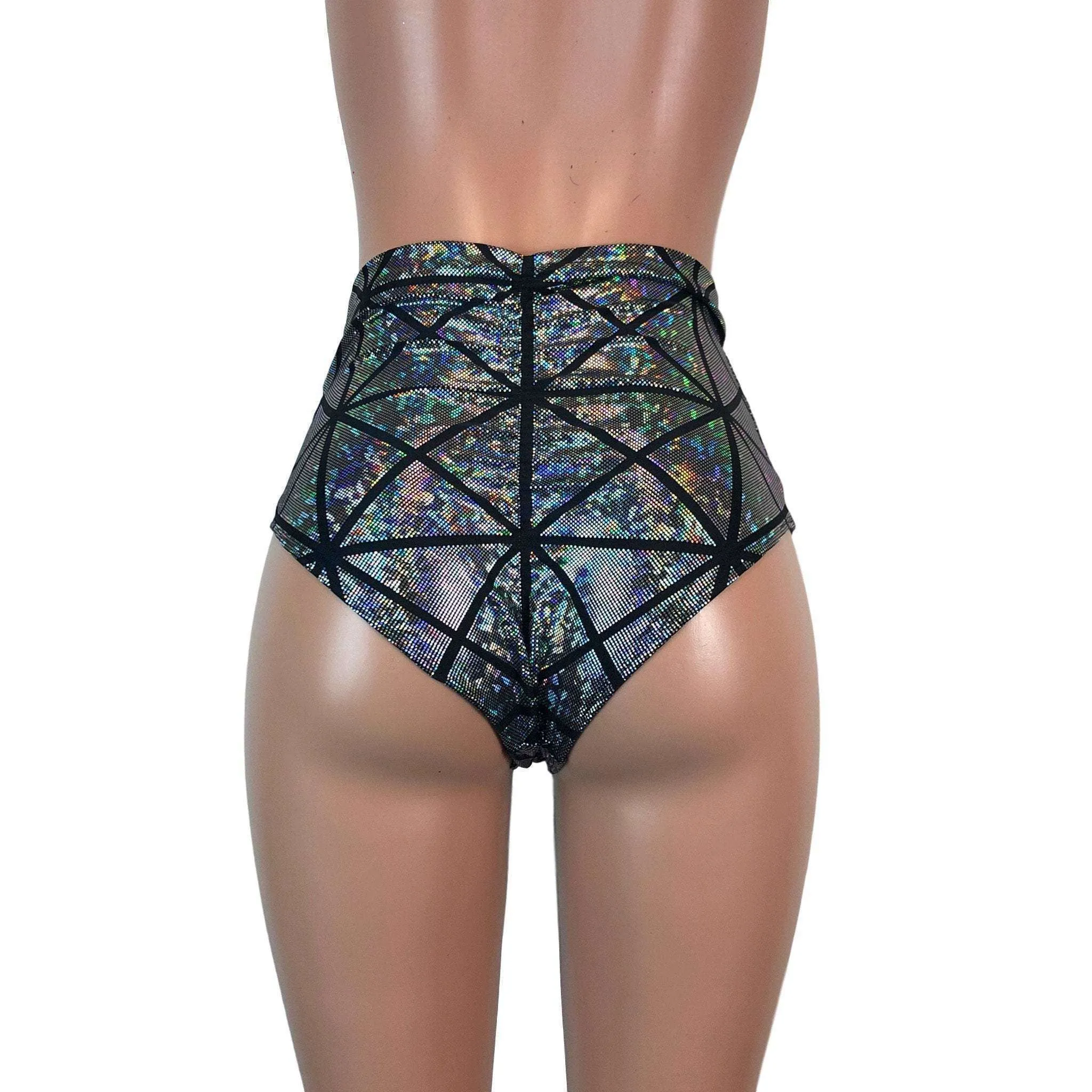 High Waist Scrunch Bikini Hot Pants - Silver Glass Pane