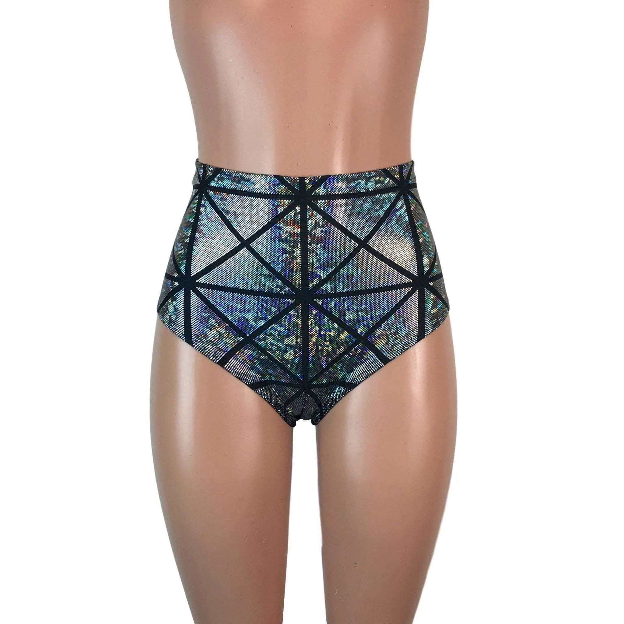 High Waist Scrunch Bikini Hot Pants - Silver Glass Pane