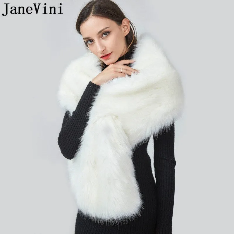 JaneVini Winter Bridal Cape Wedding Cloak Faux Fur Stola White Red Bride Capes Wraps Women Formal Dress Shawls Boleros Stoles