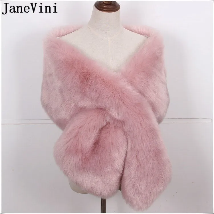 JaneVini Winter Bridal Cape Wedding Cloak Faux Fur Stola White Red Bride Capes Wraps Women Formal Dress Shawls Boleros Stoles