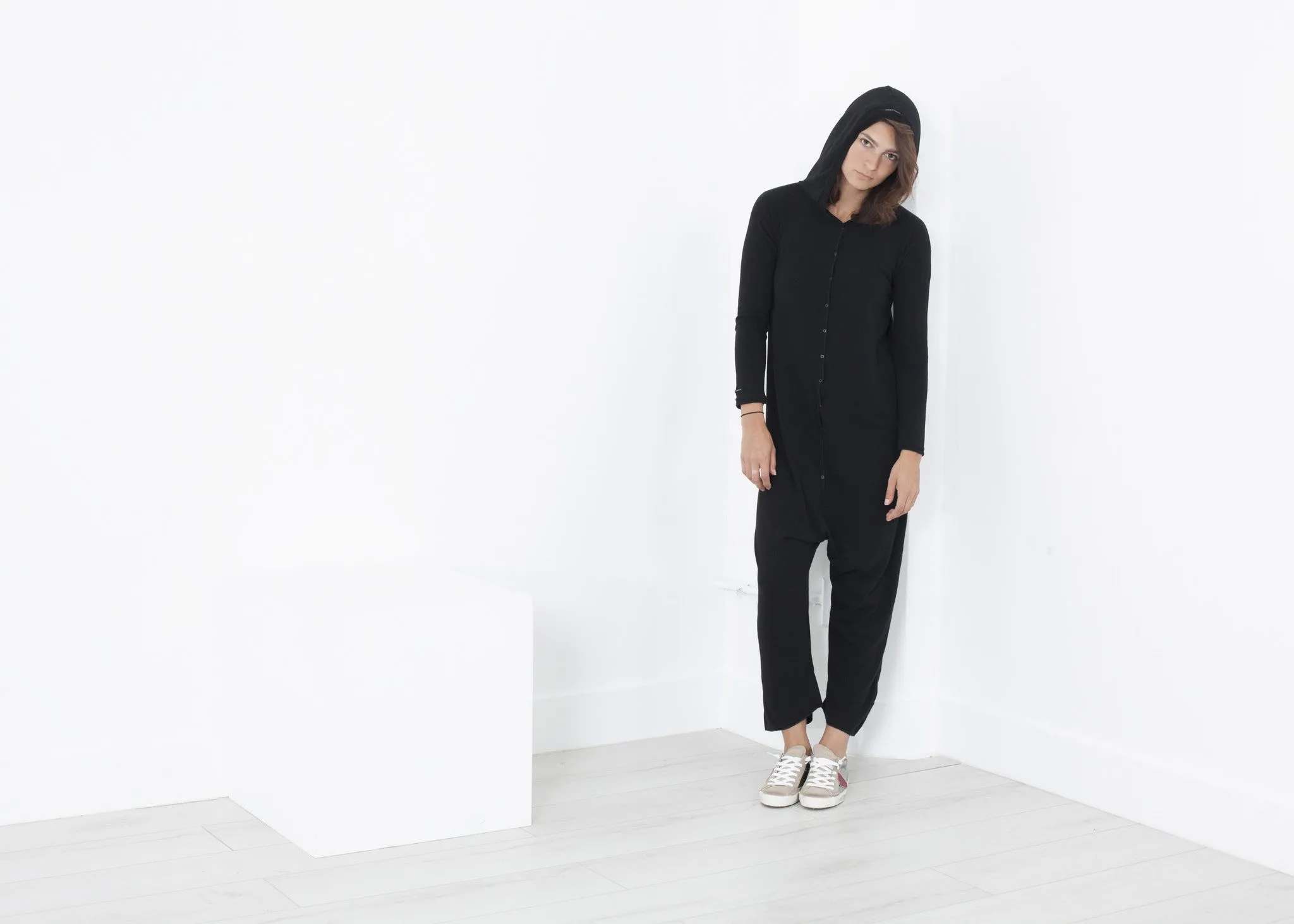 Knit Hooded Jumpsuit in Black -UEB