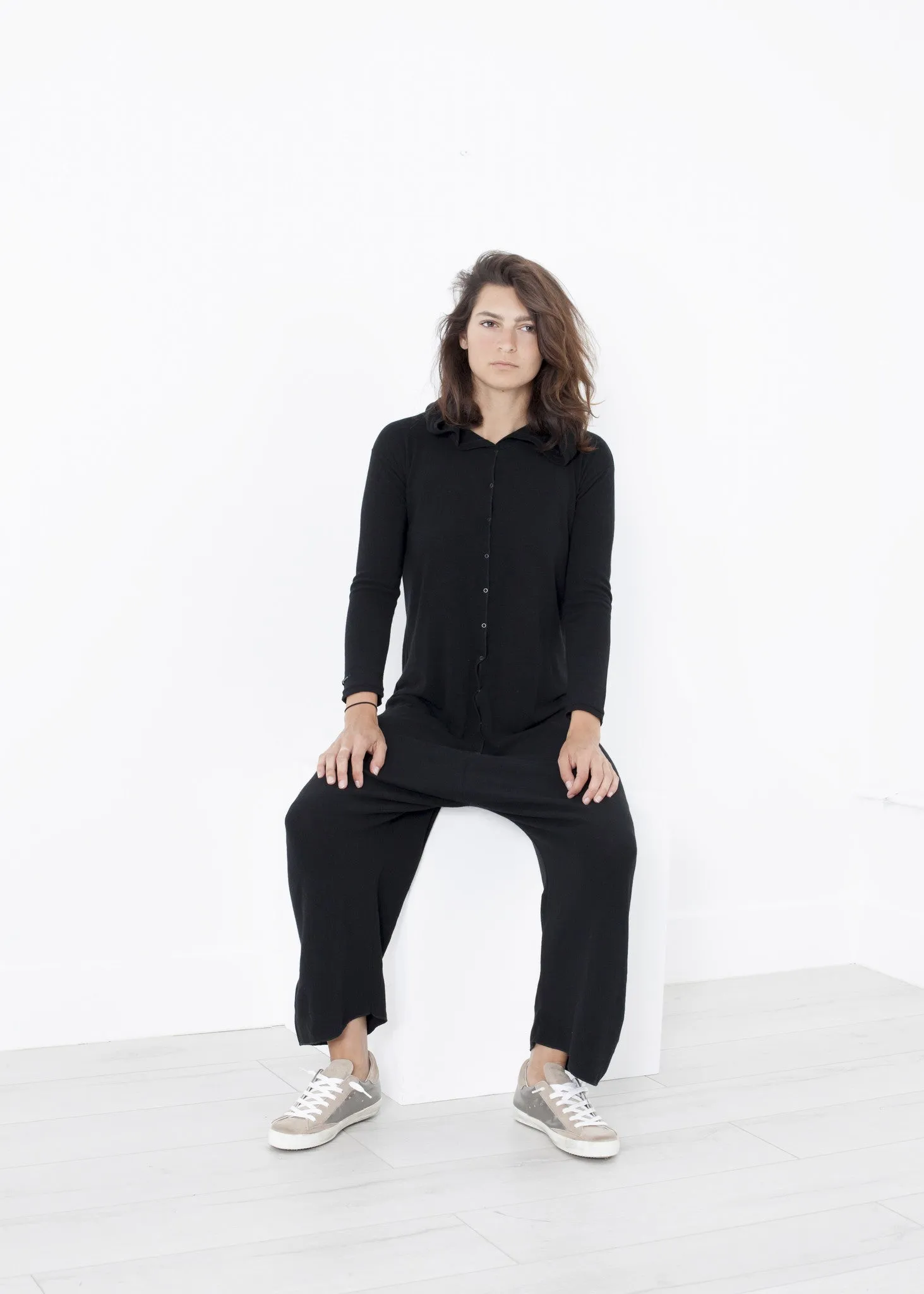 Knit Hooded Jumpsuit in Black -UEB