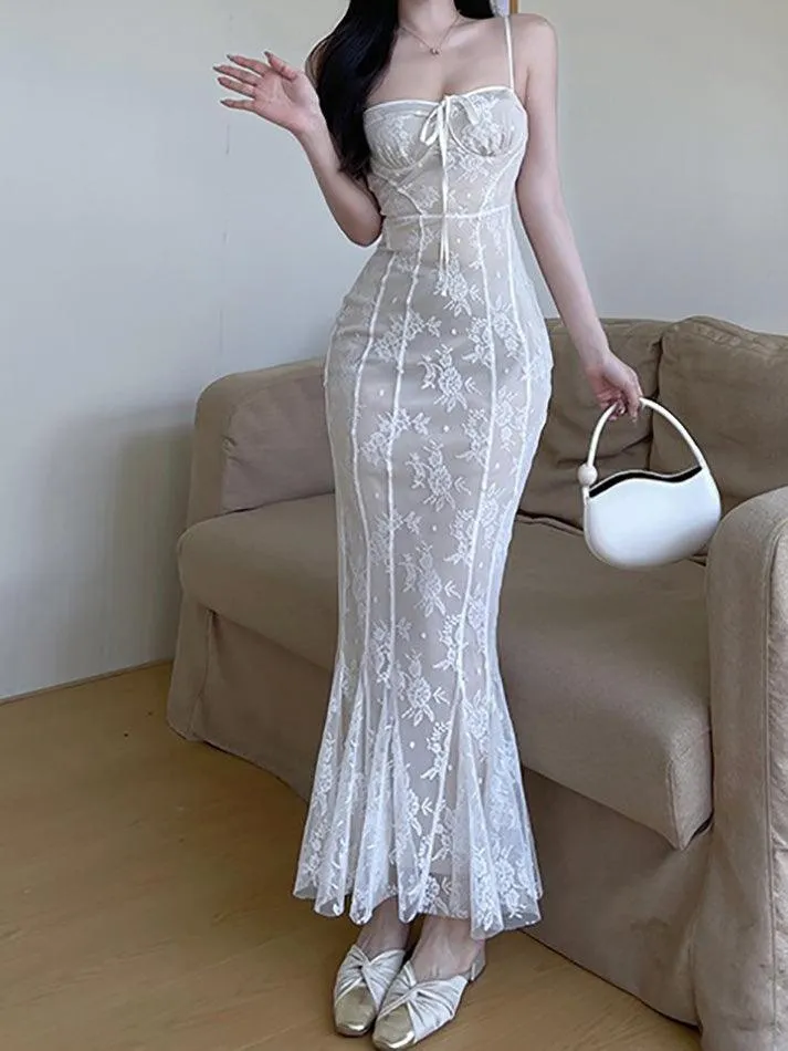 Lace Tie Slim Fishtail Dress