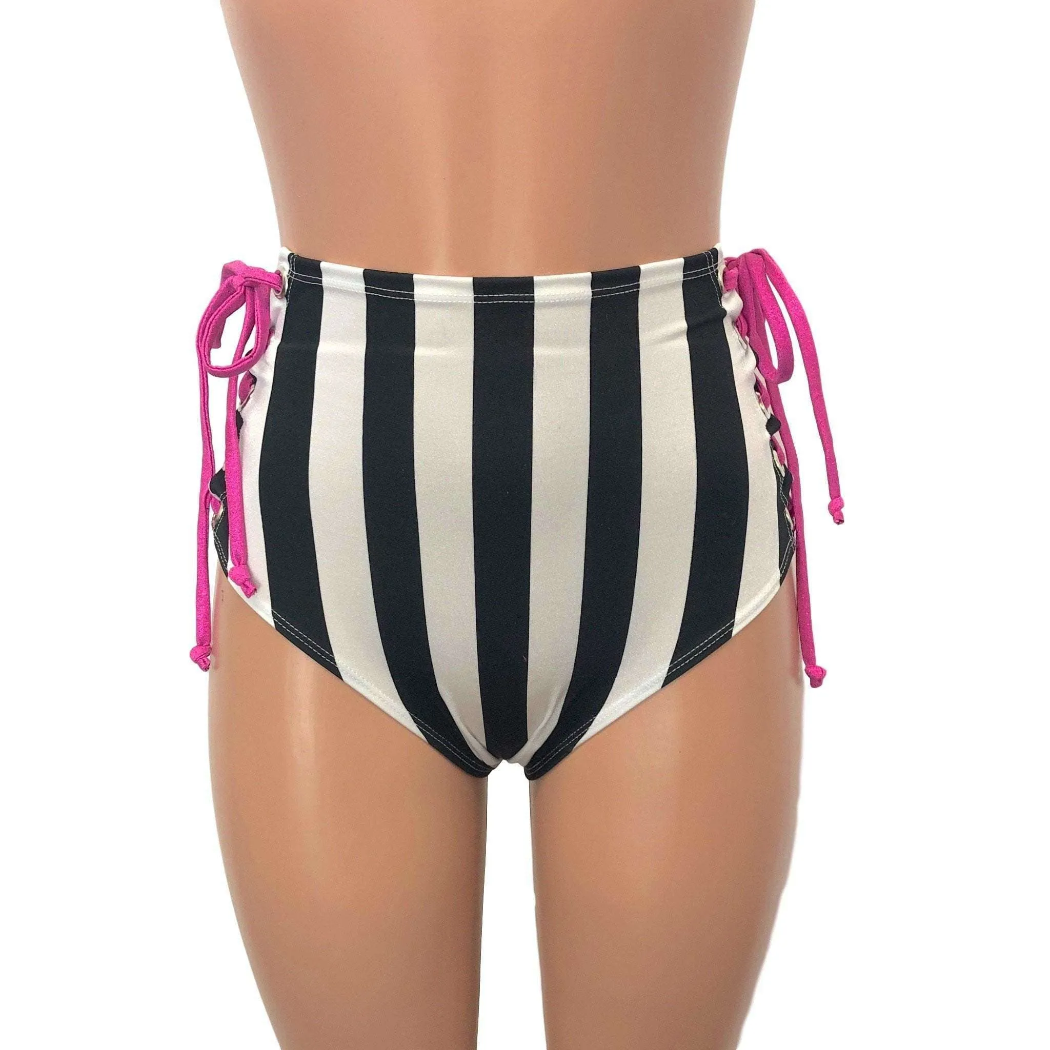 Lace-Up High Waist Scrunch Bikini - Black & White Stripe w/ Pink