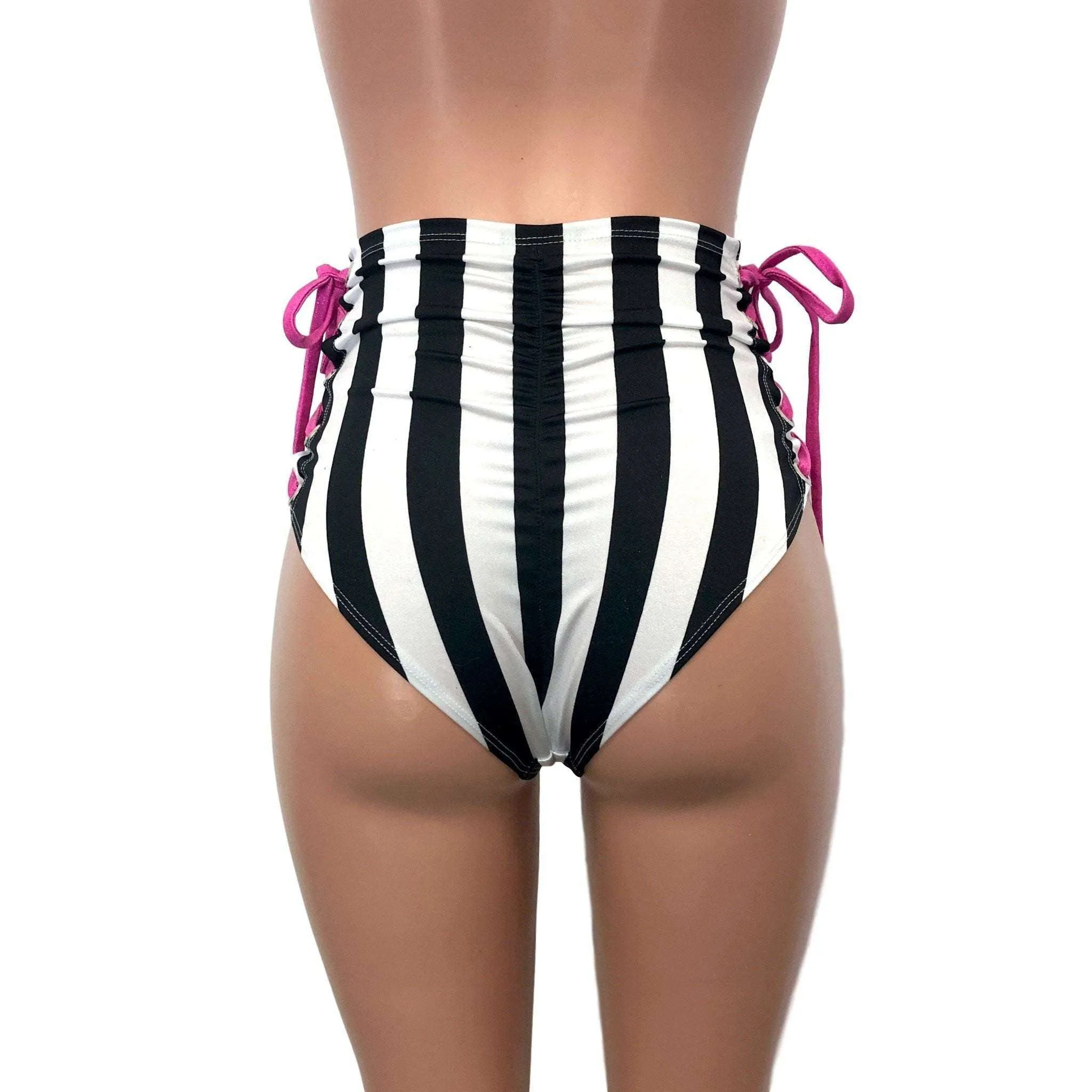 Lace-Up High Waist Scrunch Bikini - Black & White Stripe w/ Pink