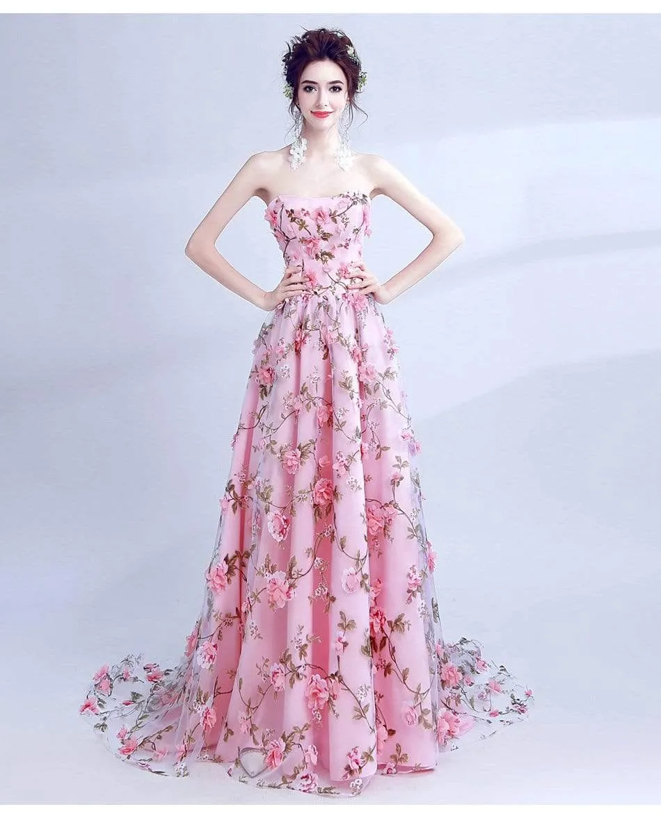 Long Appliqued Flowers Party Prom Dress