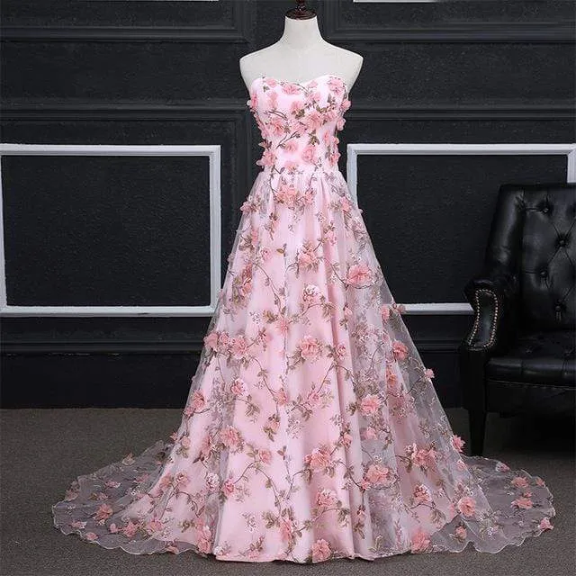 Long Appliqued Flowers Party Prom Dress