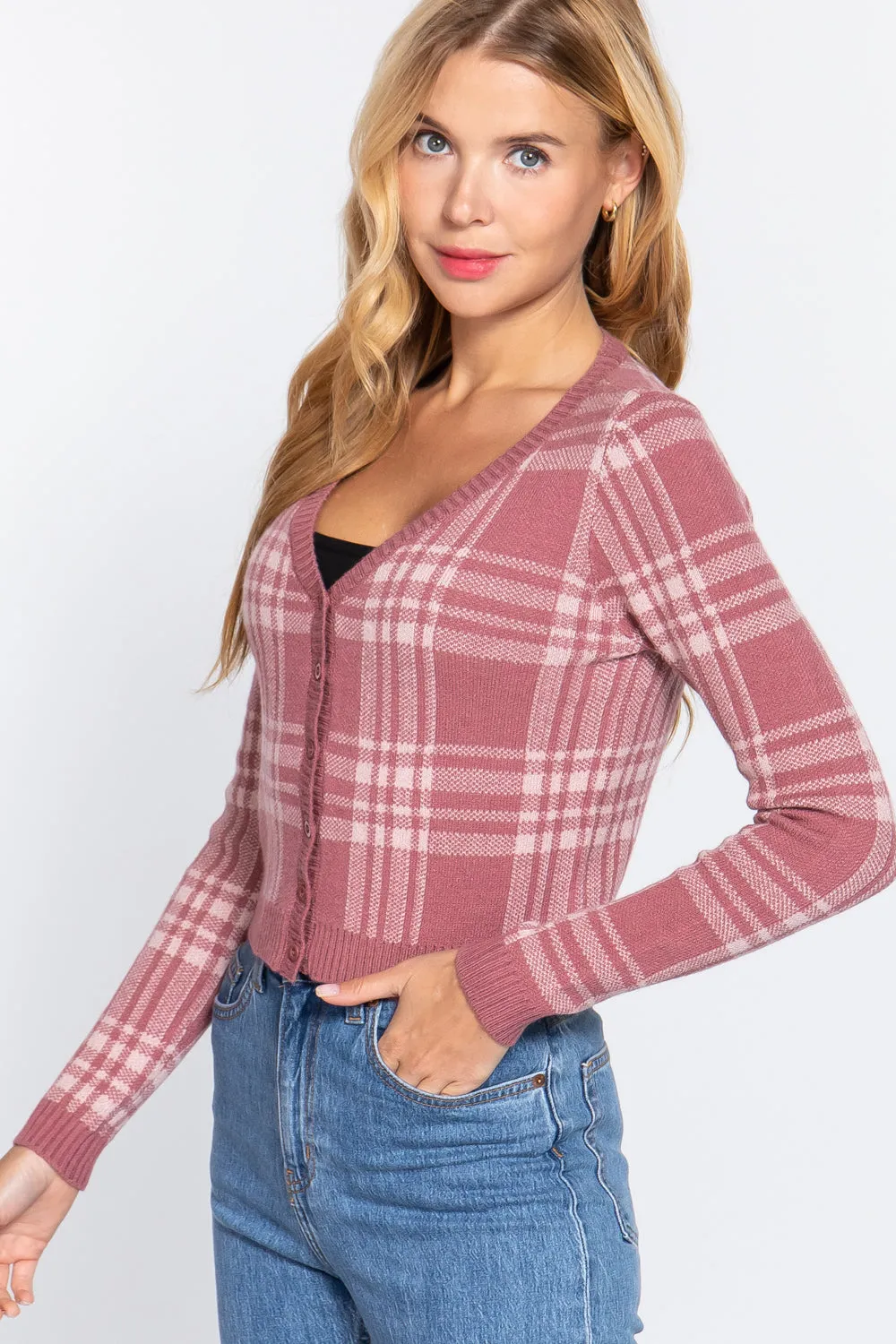 Long Sleeve V-neck Fitted Button Down Plaid Sweater Cardigan