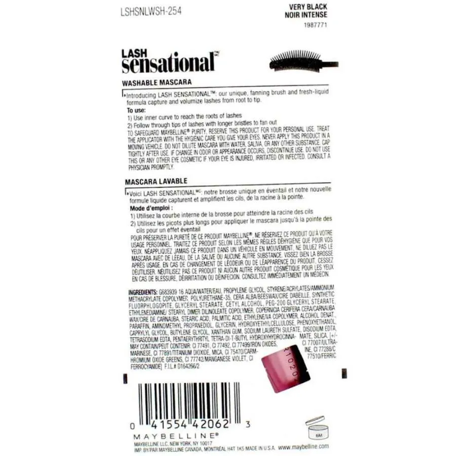 Maybelline -Lash Sensational Washable Mascara- 254 Very Black - 0.32 Oz - 12 Pack