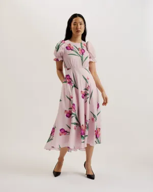 Meriel Midi Tea Dress With Puff Sleeves Lt-Pink