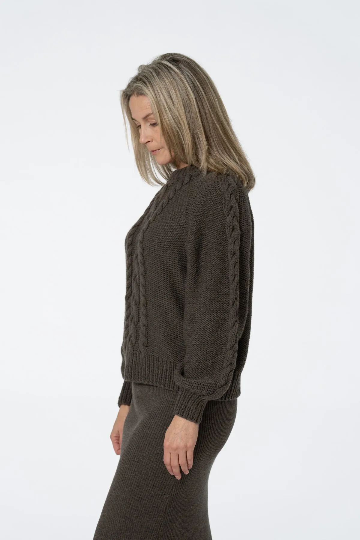 Merino Handknit Cable Sweater in Mulch Brown