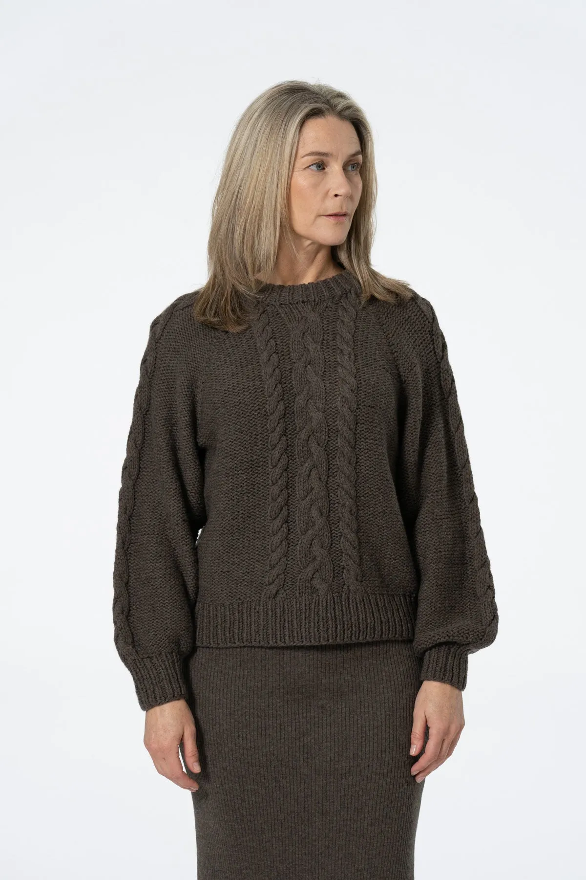 Merino Handknit Cable Sweater in Mulch Brown