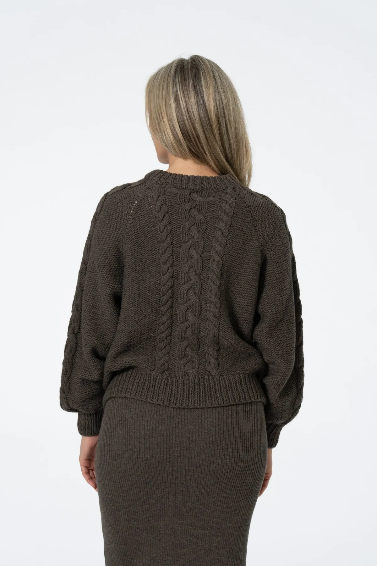 Merino Handknit Cable Sweater in Mulch Brown