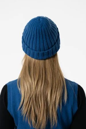 Merino Handknit Thick Rib Hat in Ocean Blue