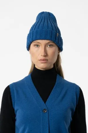 Merino Handknit Thick Rib Hat in Ocean Blue