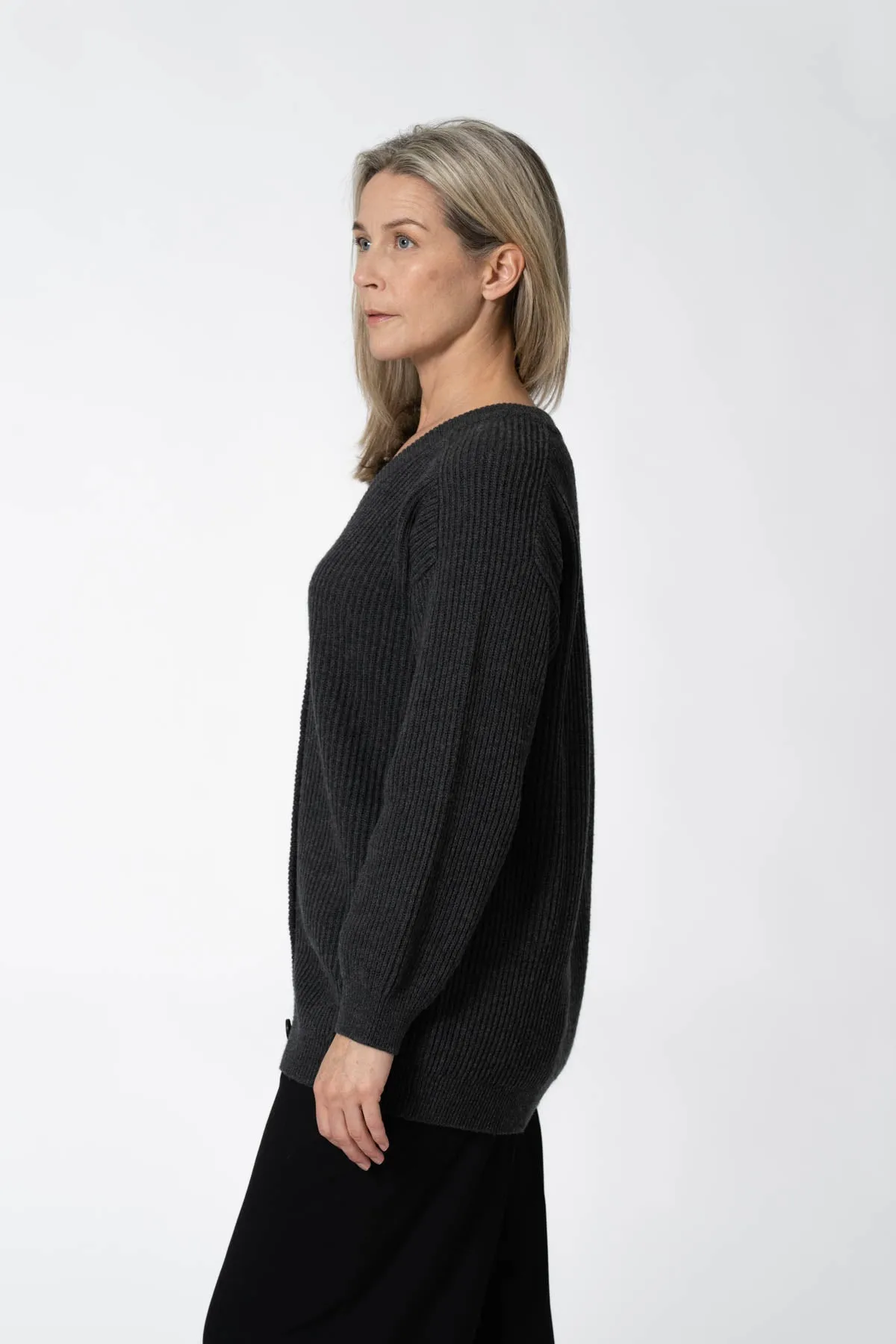 Merino Rib Cardigan in Charcoal