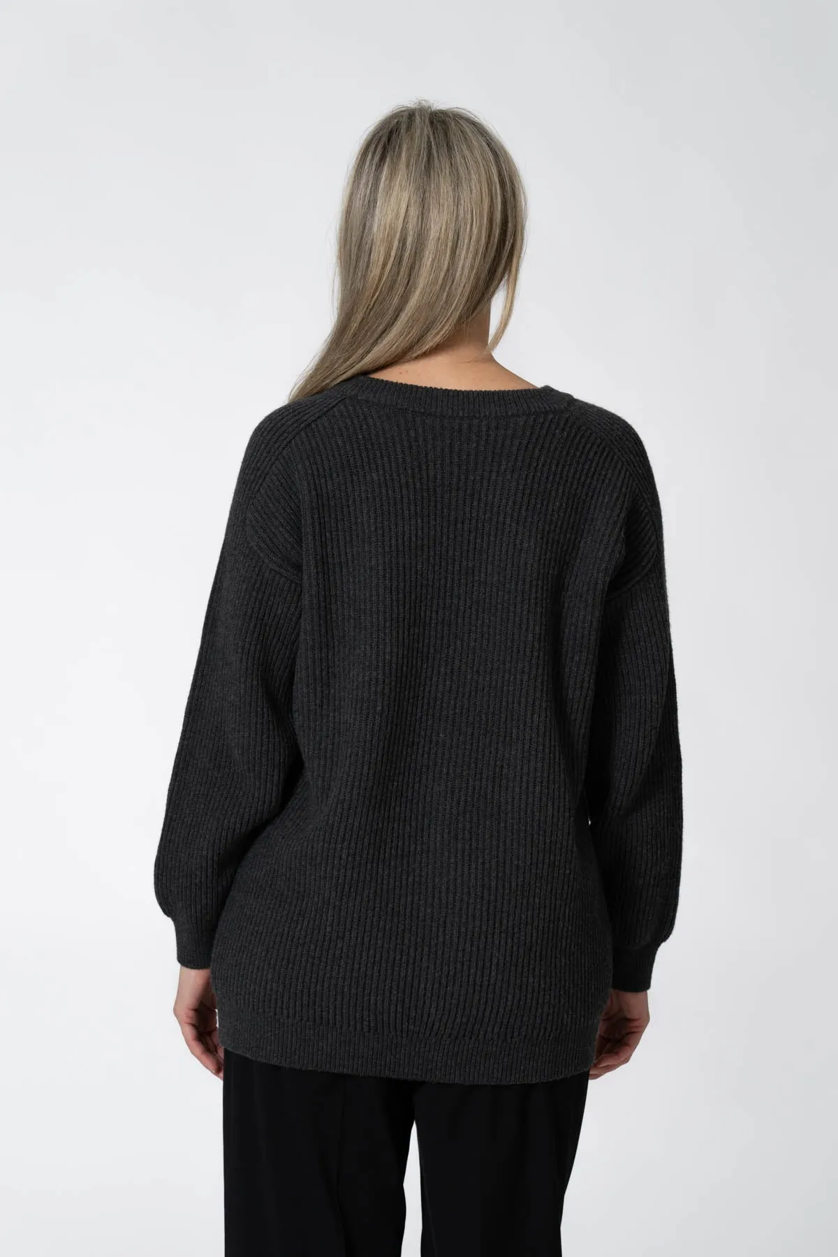 Merino Rib Cardigan in Charcoal