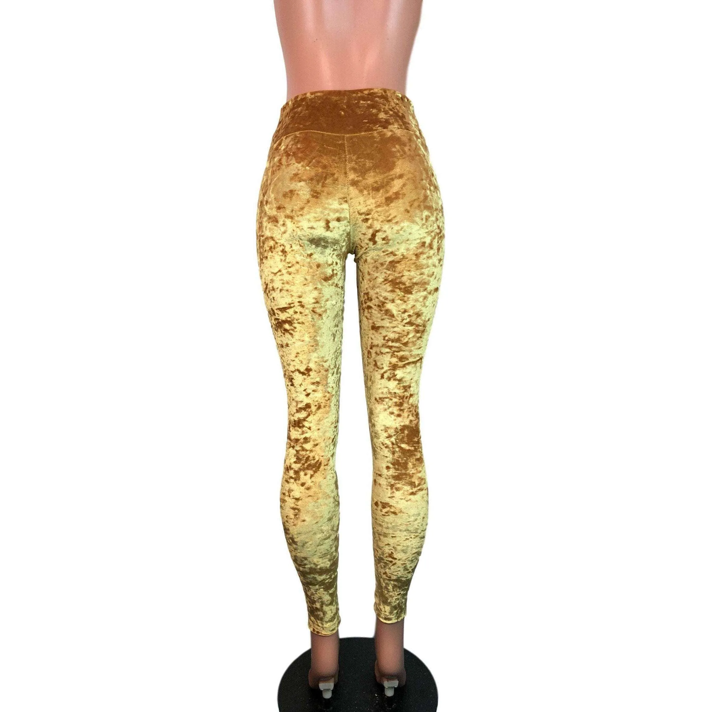 Mustard Yellow Gold Crushed Velvet High Waisted Leggings Pants