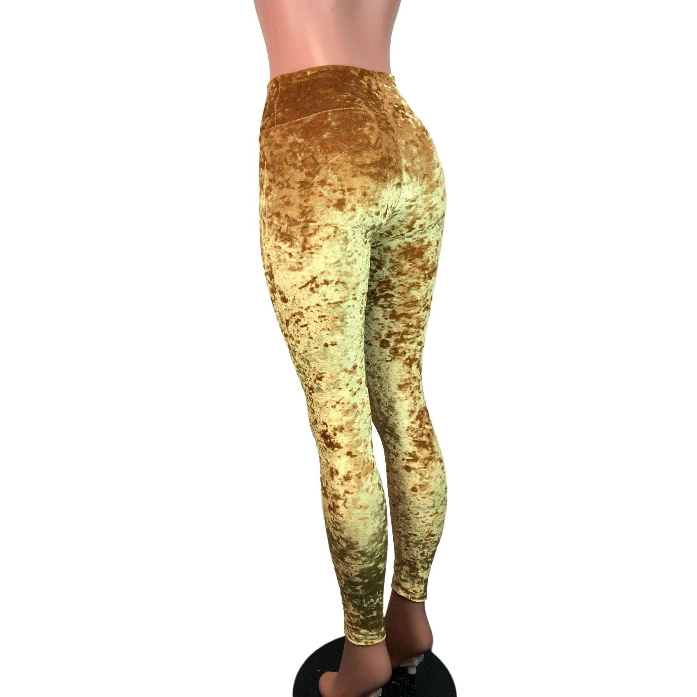 Mustard Yellow Gold Crushed Velvet High Waisted Leggings Pants