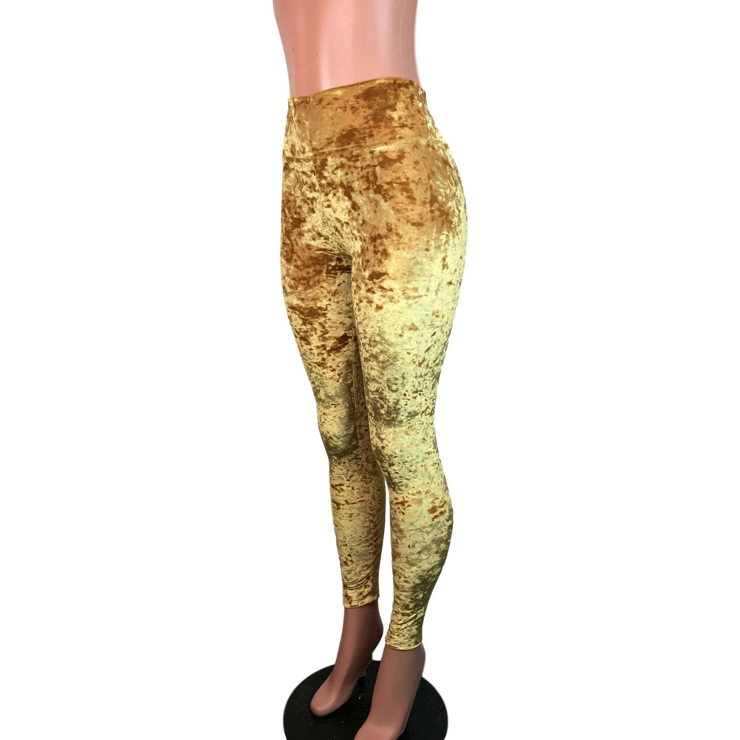 Mustard Yellow Gold Crushed Velvet High Waisted Leggings Pants