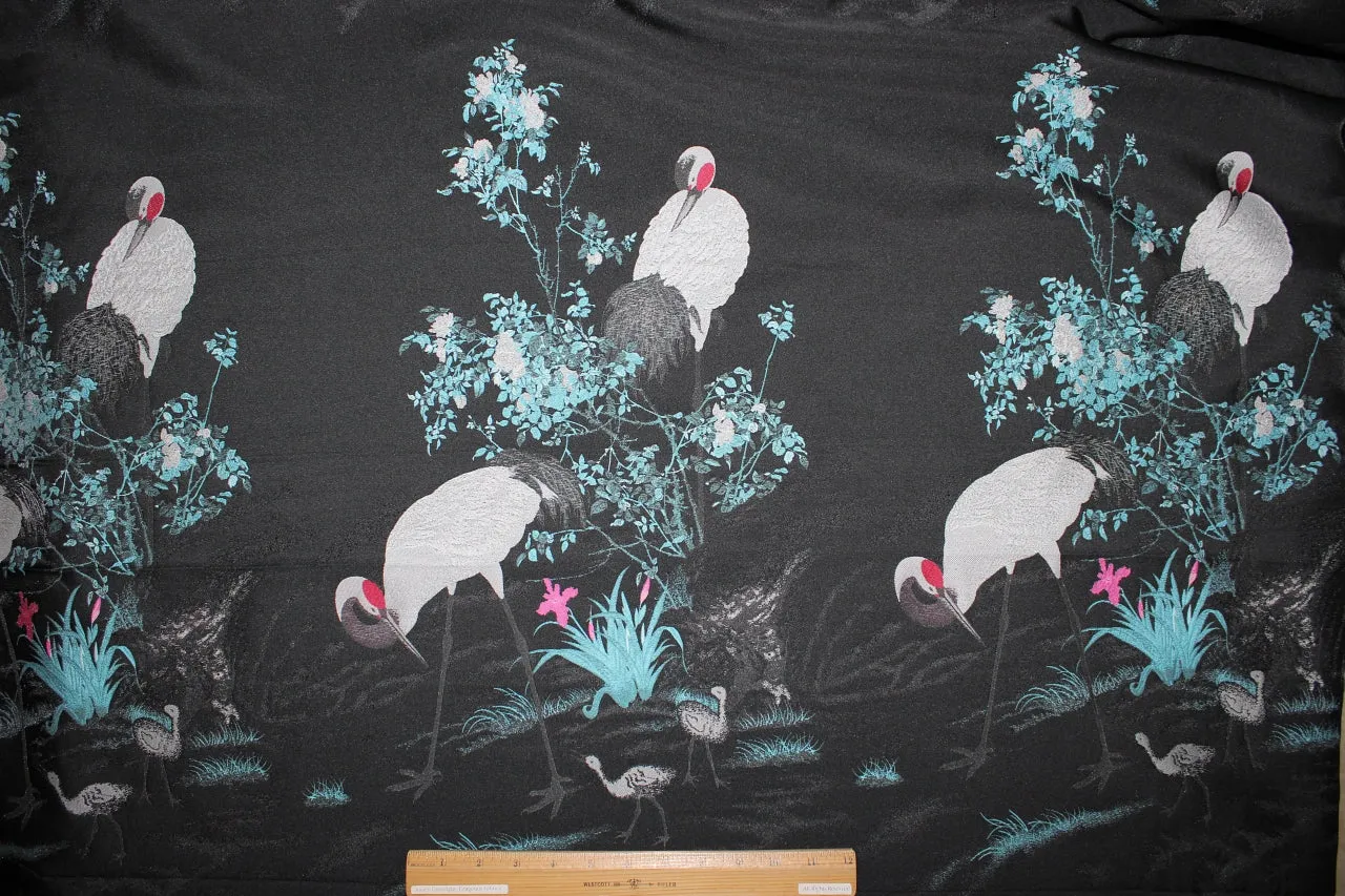 Nesting Cranes Italian Brocade Panel - Blues/Pink/Red on Black