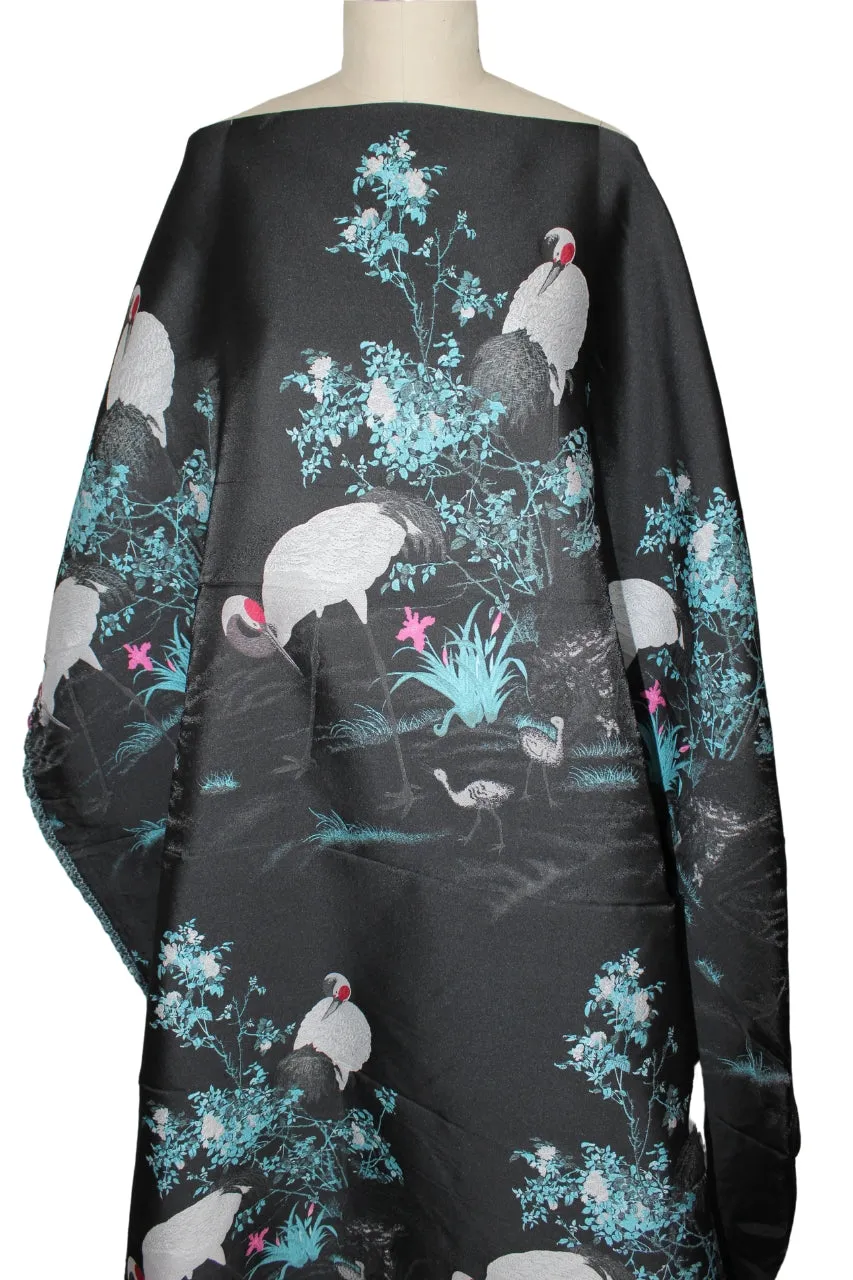 Nesting Cranes Italian Brocade Panel - Blues/Pink/Red on Black