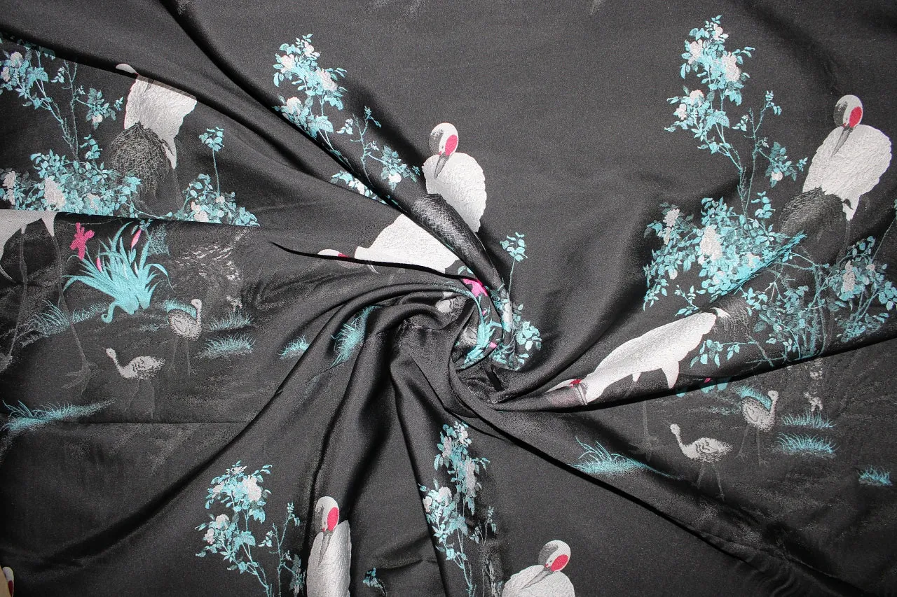 Nesting Cranes Italian Brocade Panel - Blues/Pink/Red on Black