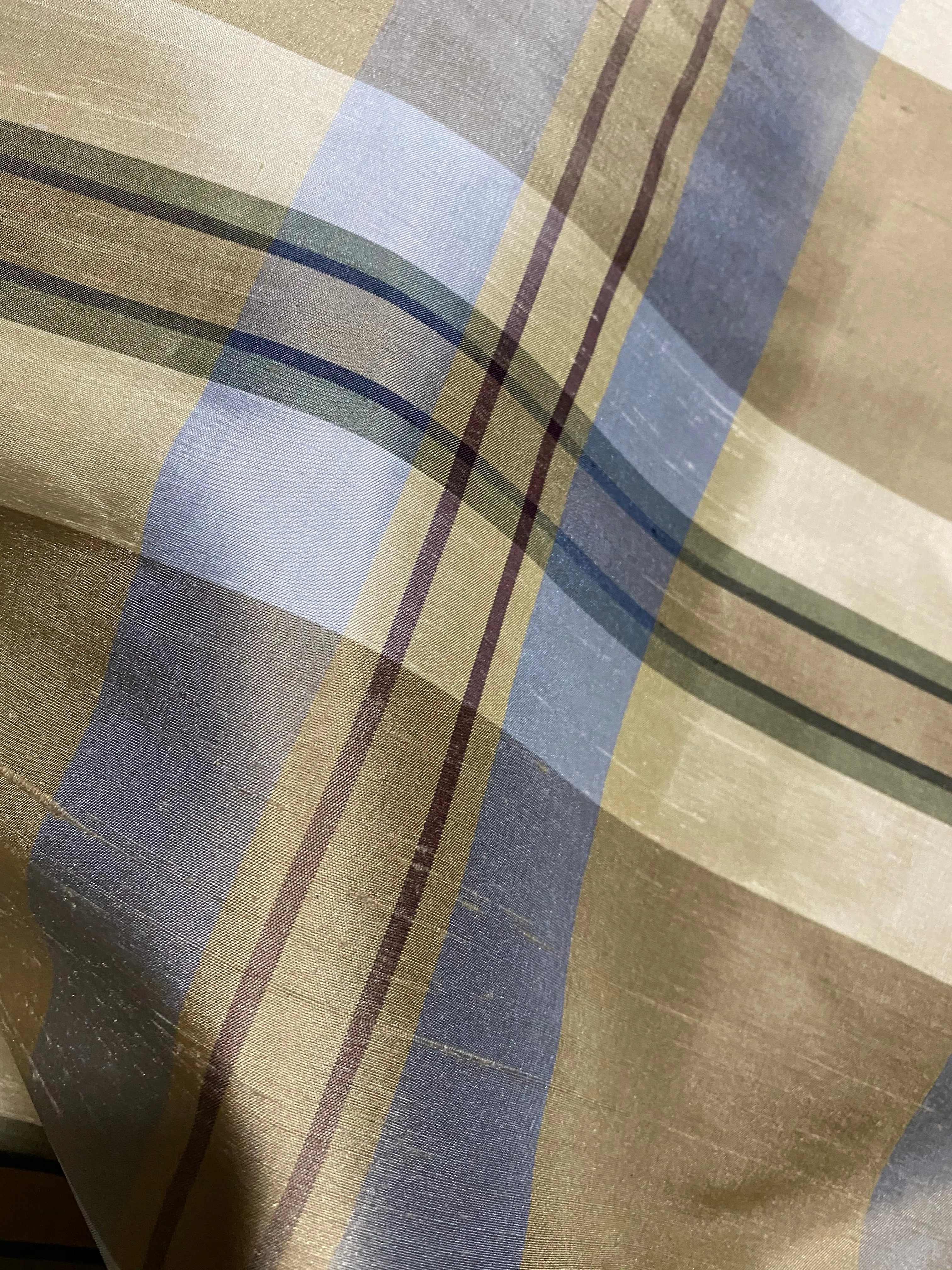 NEW Baroness Winifred 100% Silk Dupioni Taupe with Duck Egg Blue Plaid Tartan Fabric