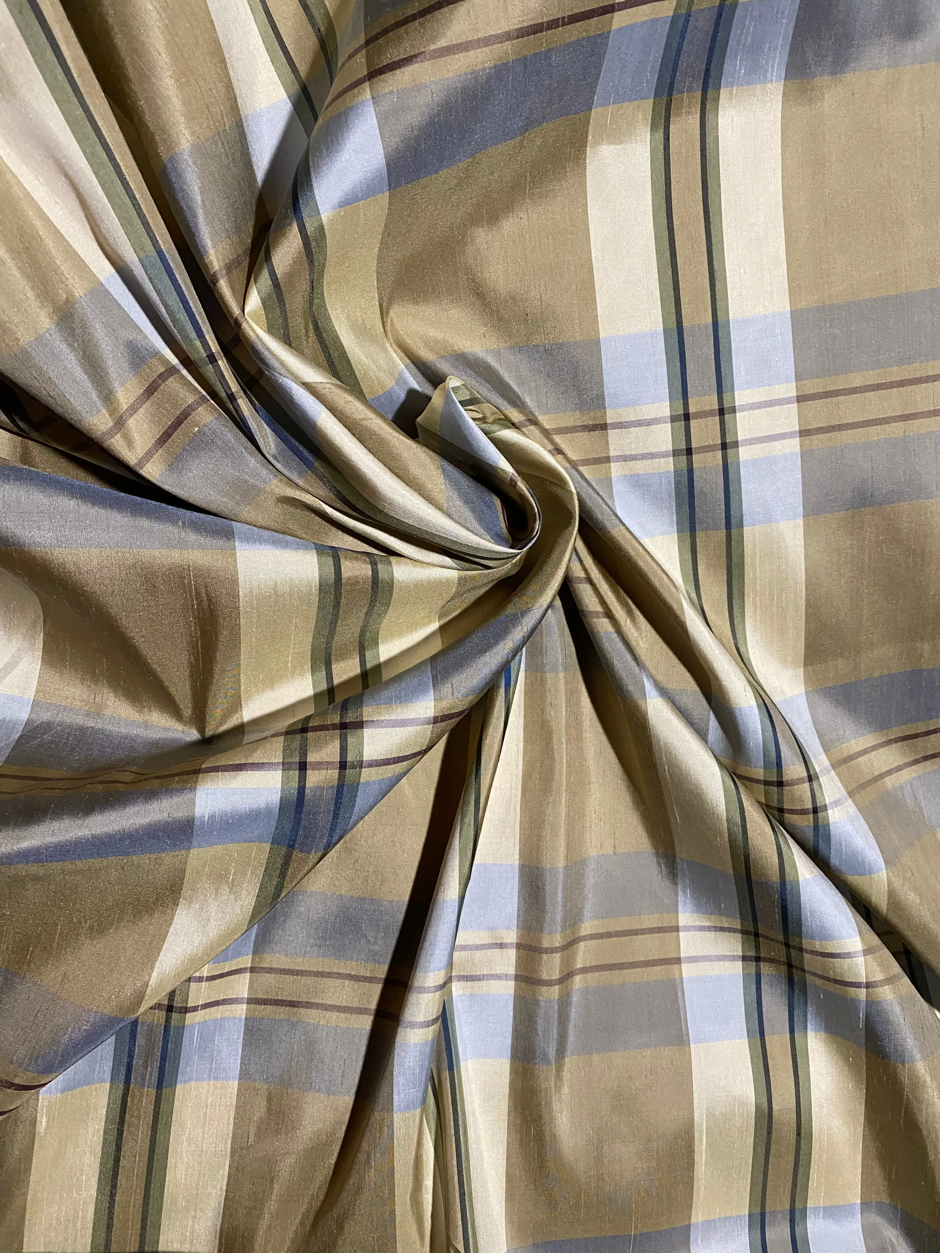 NEW Baroness Winifred 100% Silk Dupioni Taupe with Duck Egg Blue Plaid Tartan Fabric