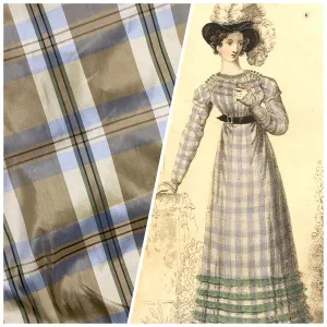 NEW Baroness Winifred 100% Silk Dupioni Taupe with Duck Egg Blue Plaid Tartan Fabric